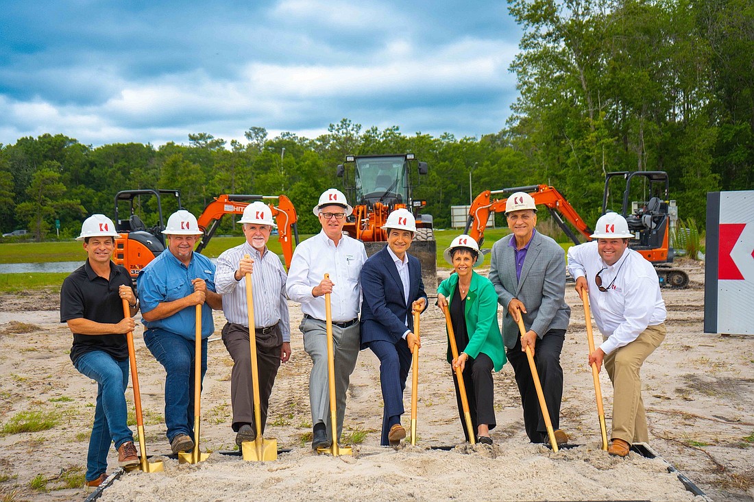 Cross Regions Group broke ground May 25 for the building that will become Jacksonville University’s newest location at The Fountains at St. Johns. From left: Edmundo Gonzalez, Cross Regions Group; Mike Cox, Dana B. Kenyon; Doug Smith, Cross Regions Group; Wally Barrs, SouthState Bank; David Ergisi, Cross Regions Group; Christine Sapienza, Jacksonville University; Joe Bajalia, Dana B. Kenyon; and Chris Chapman, Dana B. Kenyon.