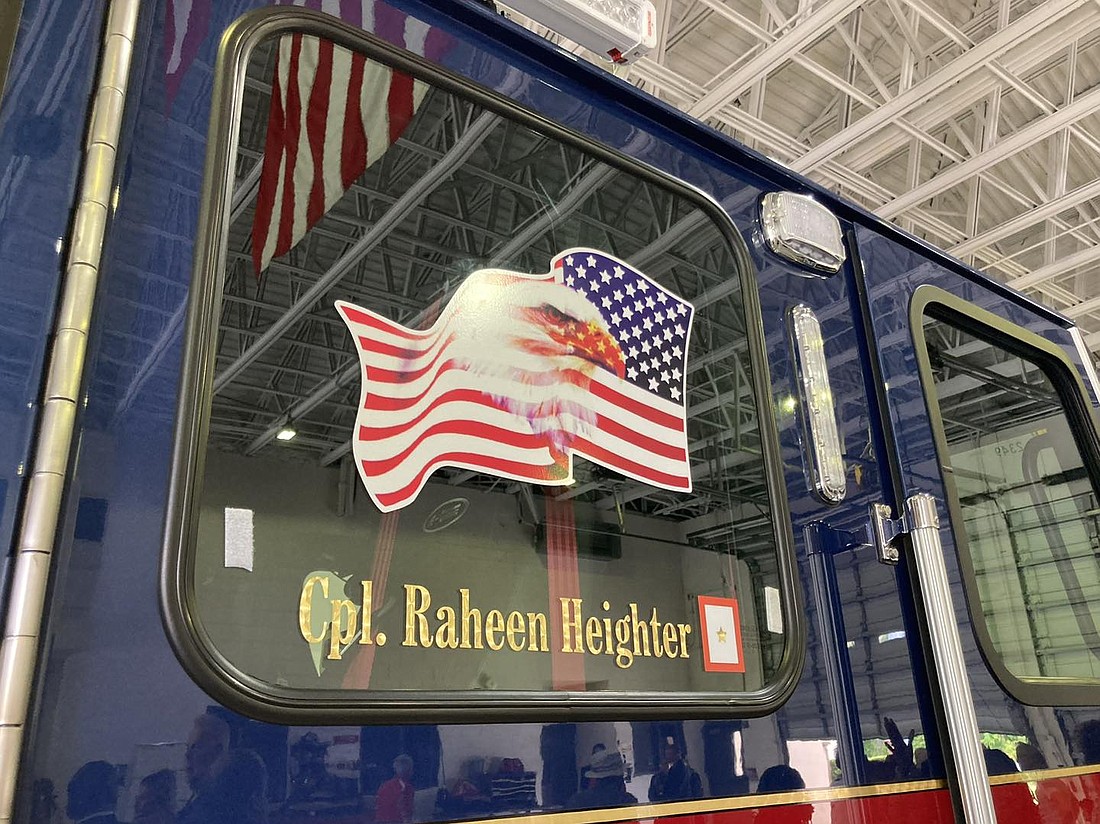The Palm Coast Fire Department dedicated a fire engine in honor of Cpl. Raheen Tyson Heighter over Memorial Day weekend. Photo courtesy of the Palm Coast Fire Department.