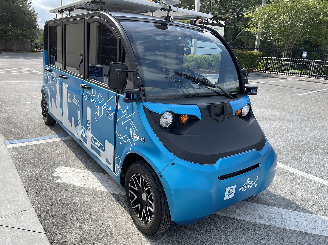 A GEM electric autonomous vehicle parked May 31 outside of JTA's Armsdale Test & Learn facility in Northwest Jacksonville. The vehicle was on display at JTA's National Automated Vehicle Day event.