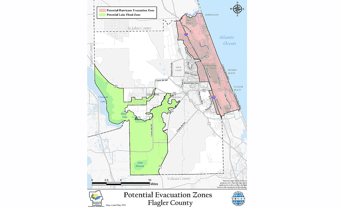 Starting this year, Flagler County will have two large potential evacuation zones: the Potential Lake Flood Zone (green) and the Potential Hurricane Evacuation Zone (pink). As a storm approaches, residents of those zones may be warned to prepare for possible evacuation. When evacuation orders are actually issued, they will target individual neighborhoods within those zones, based on more precise projections.
