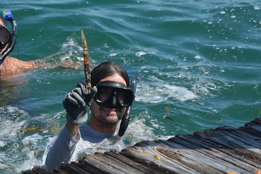 Brandon Taaffe, president of the board of directors of Sarasota Bay Watch, holds up a knife found at the bottom of the bay.