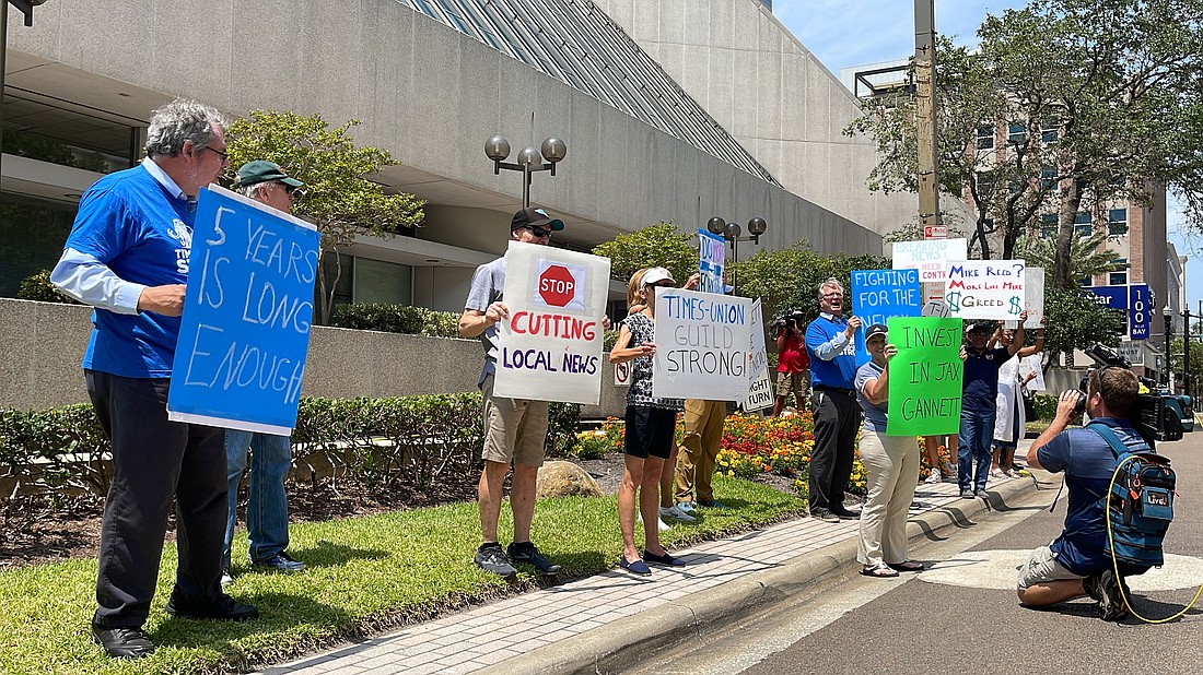 Florida Times-Union NewsGuild members staged a rally June 5 outside the newspaper's office in the Wells Fargo Center Downtown, a day before a one-day newsroom strike to demand changes from owner Gannett Co. Inc.