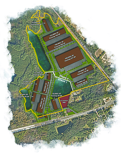 The conceptual site plan for the Wildlight Commerce Park development shows 12 buildings with the largest at 300,000 Square feet.