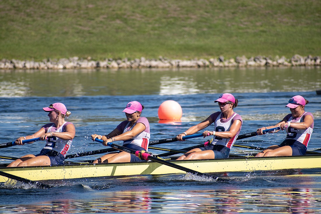 ODA grad Ada Giraldo, second from right, rows for the Sarasota Crew's women's varsity 8+ boat at the 2023 USRowing Youth National Championships.