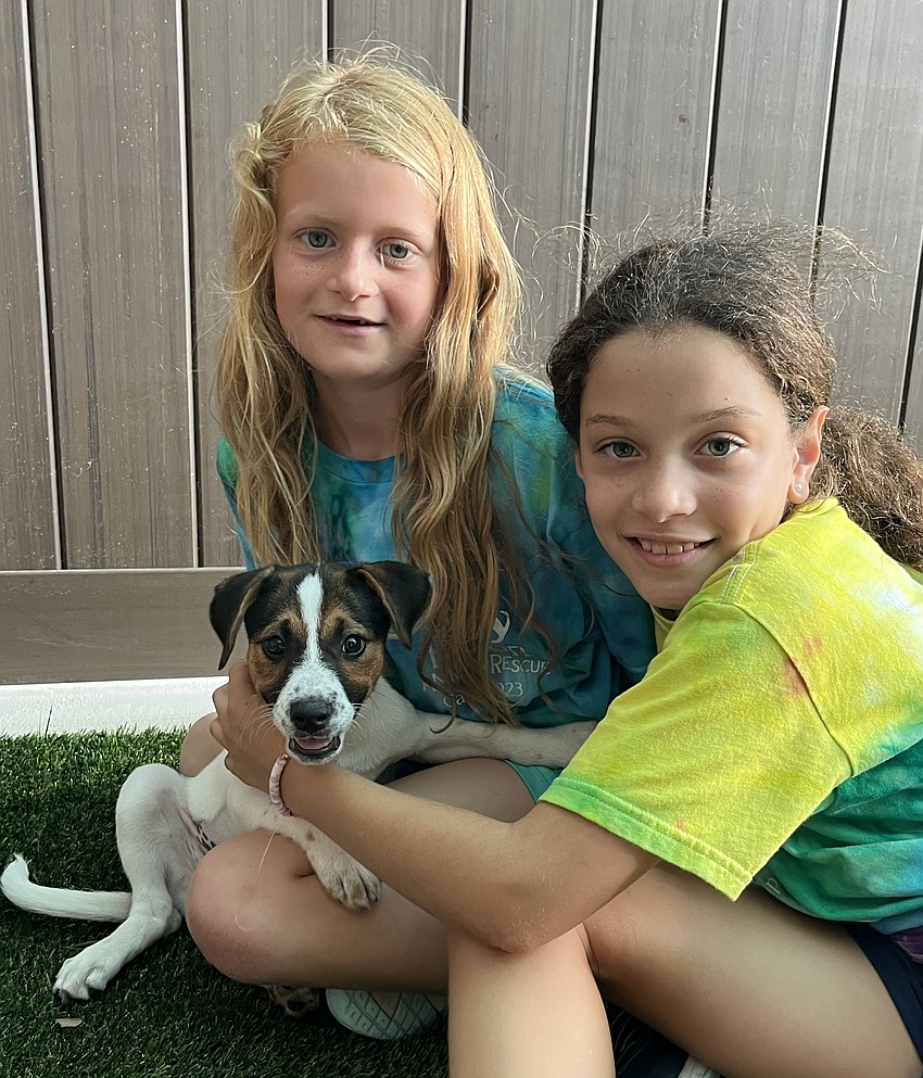 Hadley Chadwick, who is 8, and Maya Lluberes, who is 10, spend time getting to know Hula Hoop, a 2-month-old puppy. 