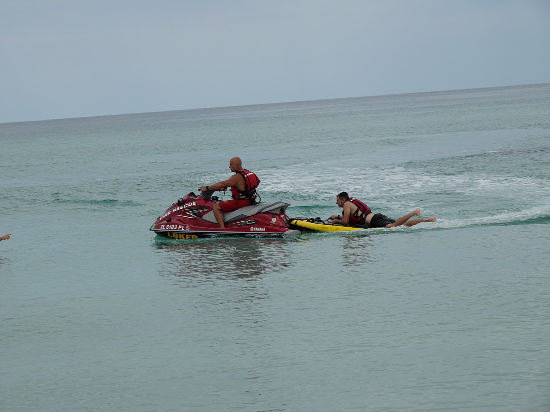 Longboat Key Fire Rescue Department can deploy their jet ski, seen here during a training drill, in the event of a water rescue call.