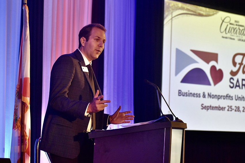 Greater Sarasota Chamber of Commerce vice president of CareerEdge and economic development Dan Sidler closes out the event with a speech.