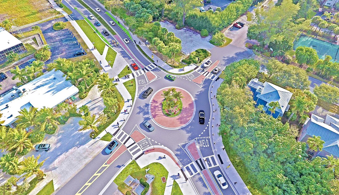 The proposed roundabout at the intersection of Gulf of Mexico Drive and Broadway Street is intended to slow traffic.