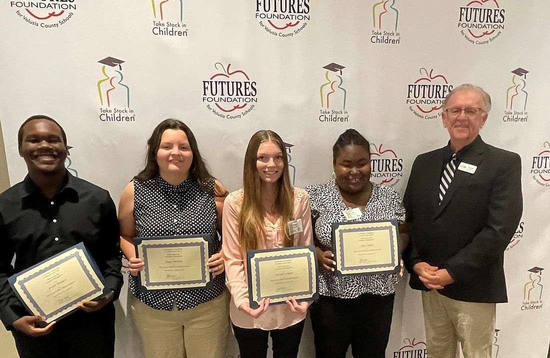 TSIC Volusia graduating seniors from East Volusia high schools, left to right: Joseph Maddox, Atlantic High; Angel Methax, New Smyrna Beach High; Aaliyah Schaper, Seabreeze High; Alize Smith, PACE Center for GIrls; TSIC College Success Coach Jim Neill. Courtesy photo