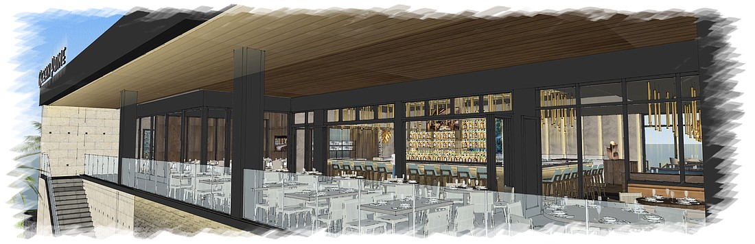 A rendering of the second-floor outdoor seating area at the planned Ocean Prime in The Quay.