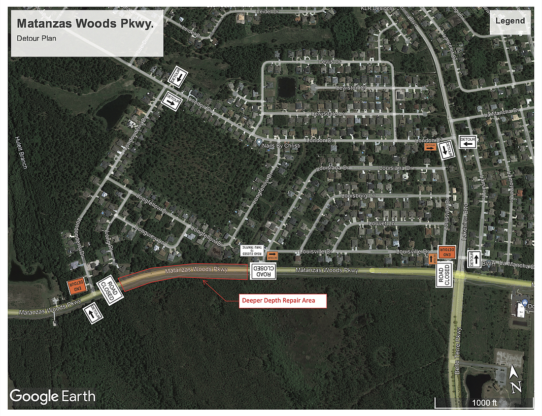 The detours for the Matanzas Woods Parkway closure from July 5-14. Image courtesy of the city of Palm Coast