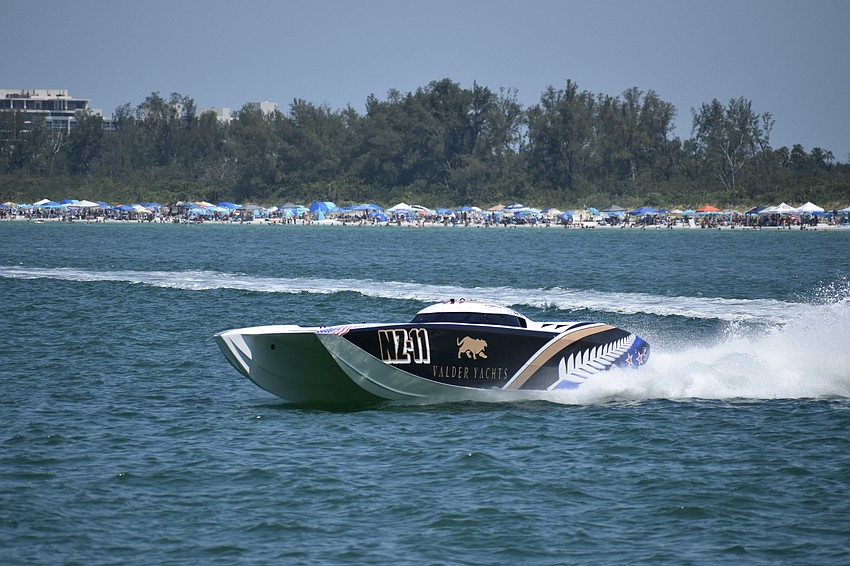 The Valder Yachts/Pro Floors Racing boat piloted by Wayne Valder of New Zealand and Grant Bruggemann of Bradenton turns aside to exit the race.