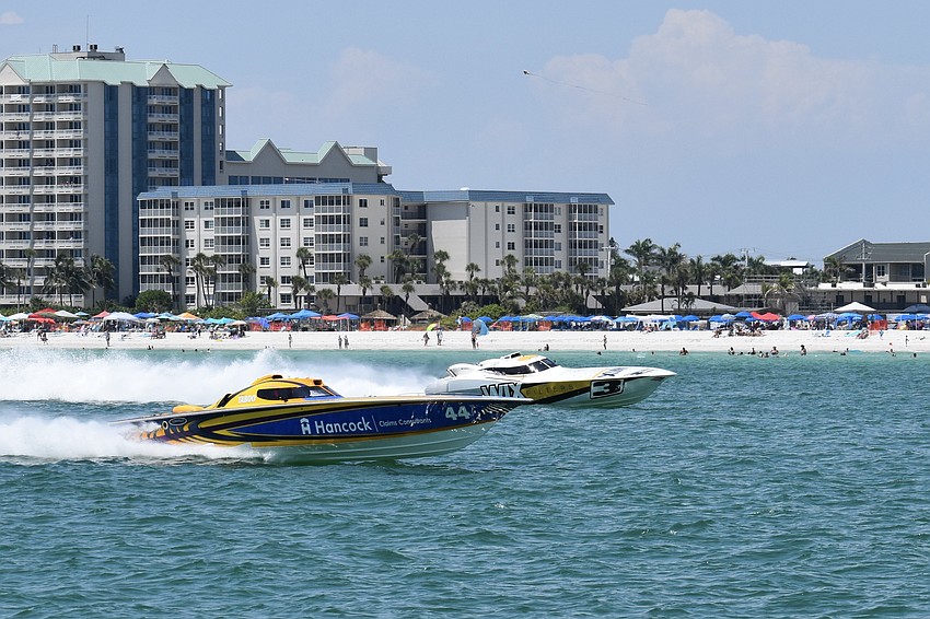The Team Farnsworth / Hancock Claims Consultants boat piloted by Christian McCauley. of New Hampshire and Jay Healy of Stuart, Florida races against The Developer / Wix Filters boat piloted by JP Larkin of Vermont and Eddie Tamberino of Englewood, Florida.