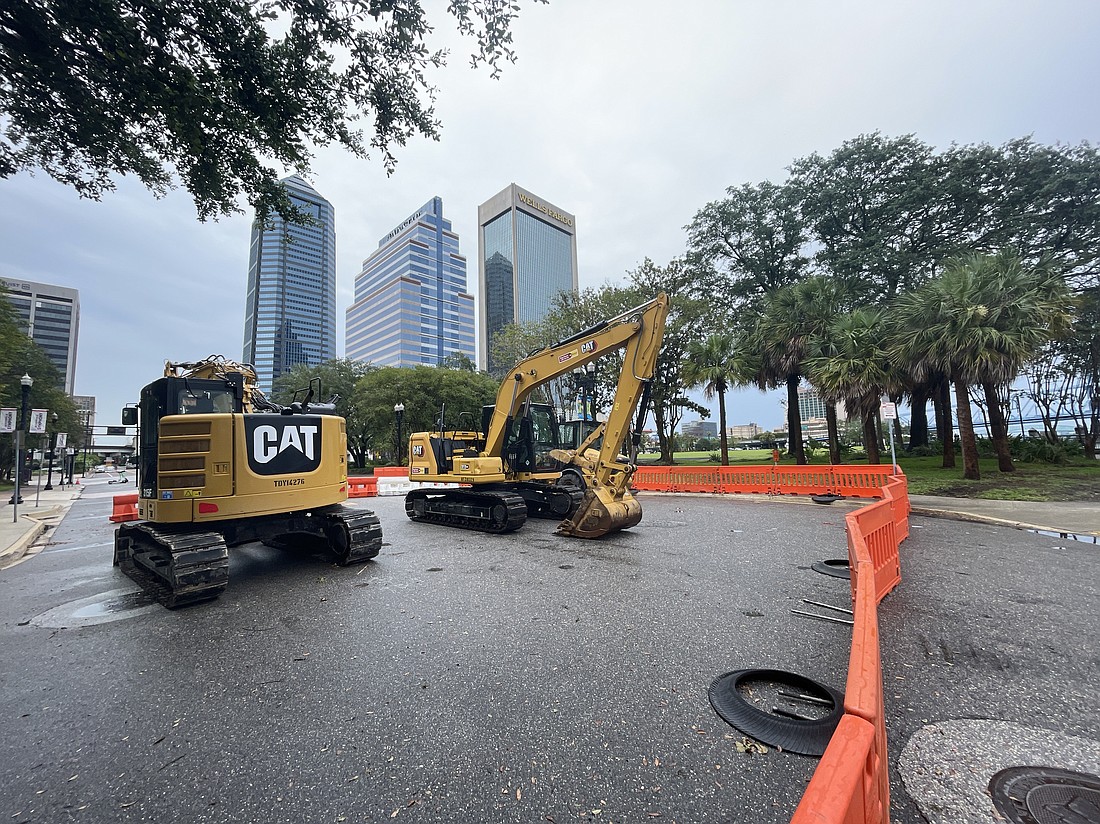 Construction equipment is in place July 10 for the construction of Riverfront Plaza park, the former site of the Jacksonville Landing.