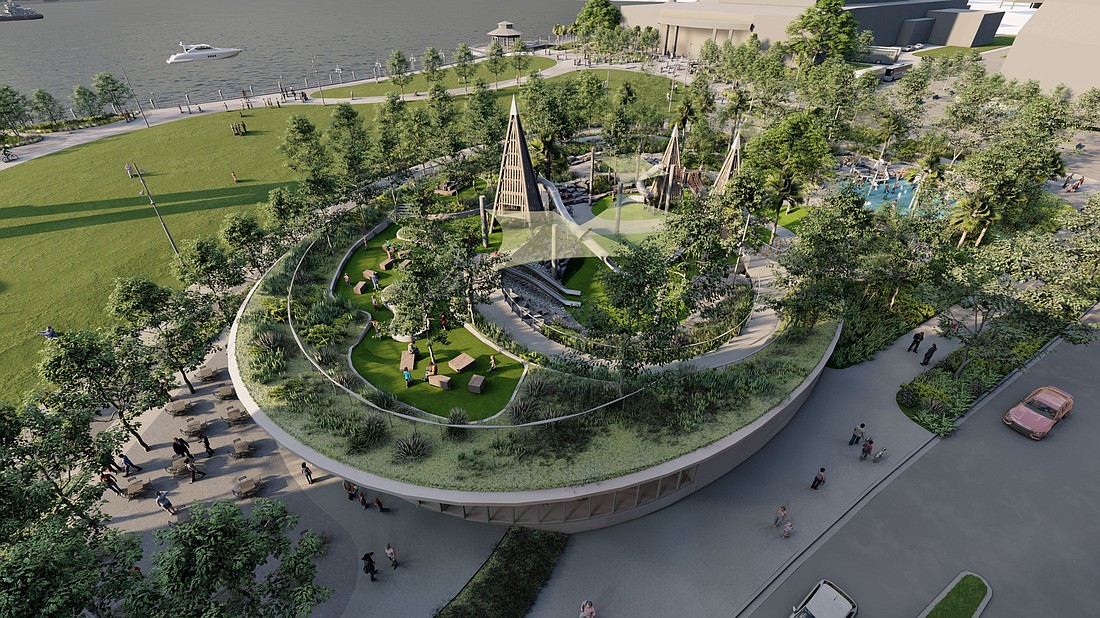 An artist's rendering of Riverfront Plaza, the former site of the Jacksonville Landing Downtown along the St. Johns River.