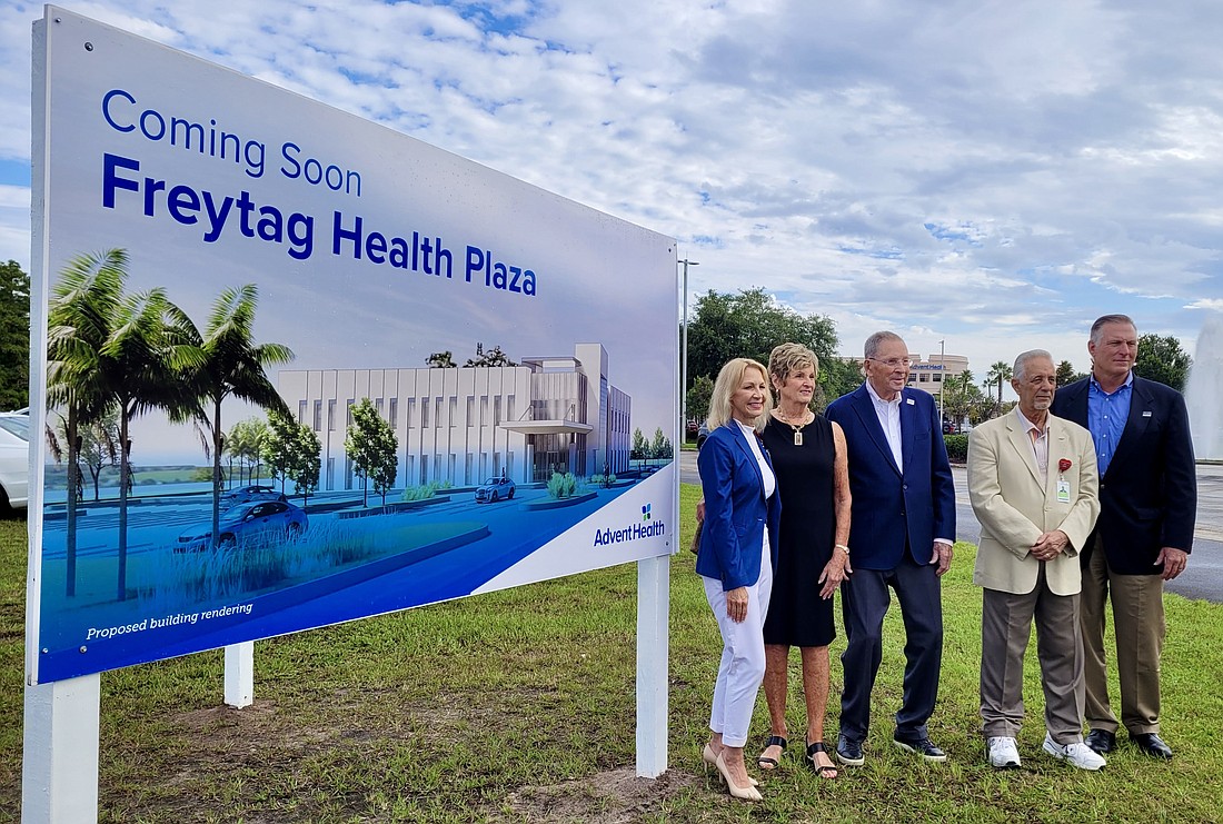 AdventHealth and the AdventHealth Palm Coast Foundation are partnering to build a new cancer center and office building. From left to right: President and CEO Denyse Bales-Chubbs,  AdventHealth Palm Coast Foundation board members Sue and Peter Freytag and Tony Papandrea, and AdventHealth Palm Coast Foundation Director John Subers. Photo by Sierra Williams