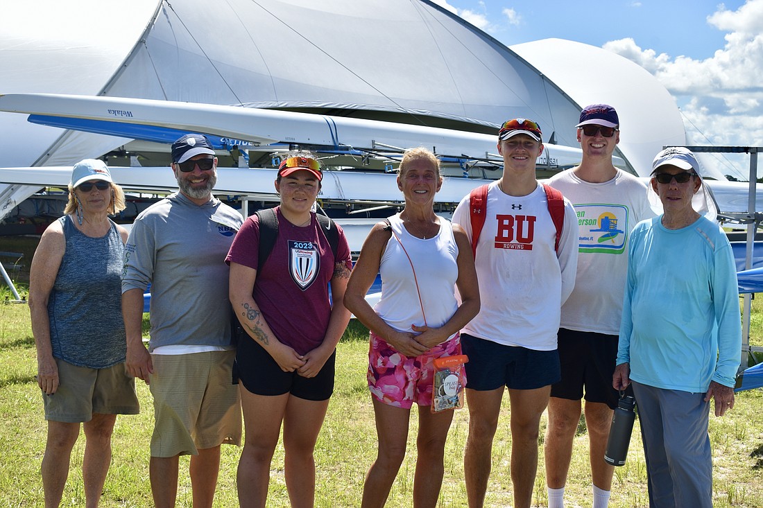 Coaches and students Peggy Jackson, Greg Steinberg, Mia Franks, Lisa Fay, Owen Corr, Ian Varga and Marv Hart after completing the two-day Learn to Row course at Nathan Benderson Park.