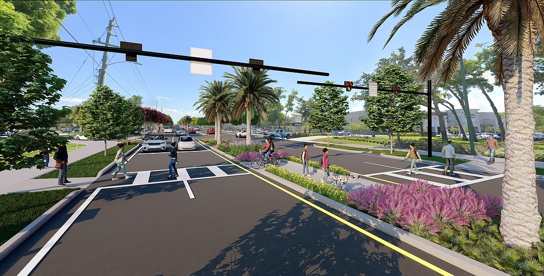 The first proposed alternative, with landscaped buffers next to a wider sidewalk on Nova Road. Rendering courtesy of FDOT