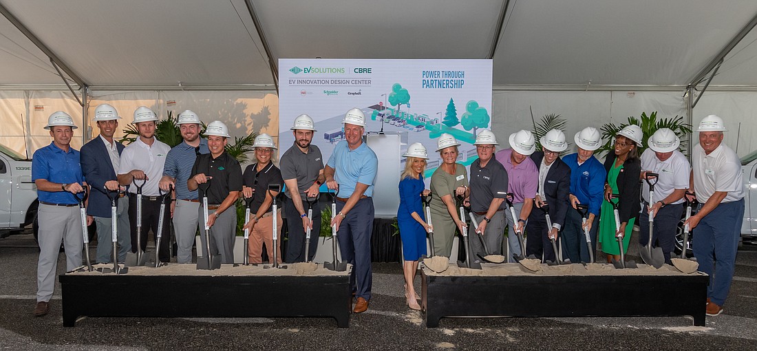 Jacksonville-based Miller Electric Co. and CBRE broke ground July 14 on an electric vehicle innovation design center on the Miller Electric campus in Southpoint. Henry Brown, Miller Electric CEO, is center left. Jacksonville Mayor Donna Deegan is center right.
