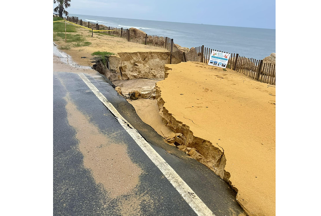 A section of State Road A1A washed out due to the weekend rains on July 16. Photo courtesy of the Flagler Beach Police Department