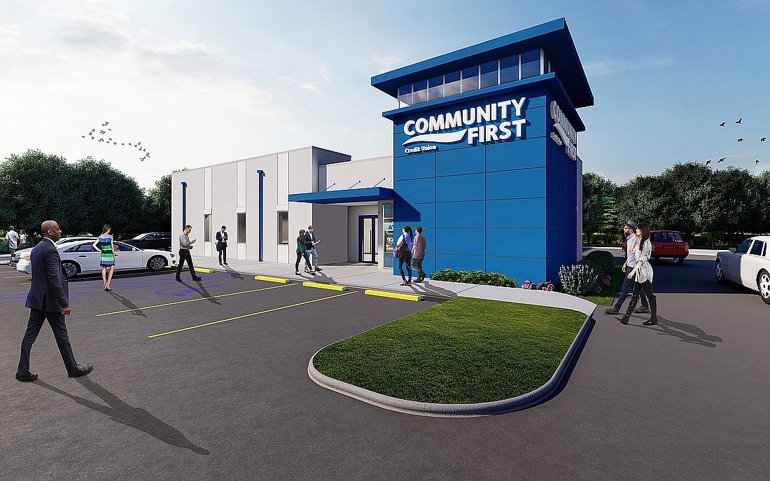 A rendering of the Community First Credit Union branch planned at 3133 New Berlin Road in the Northpoint Village shopping center in North Jacksonville.