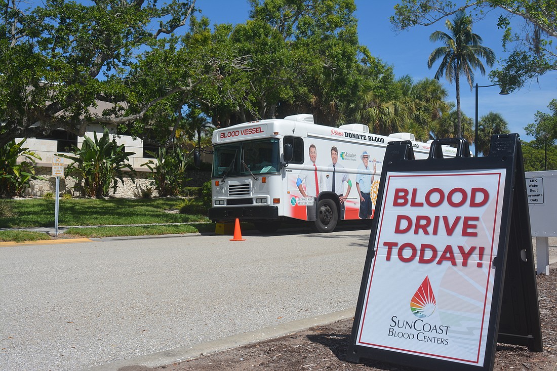 SunCoast Blood Centers parked the "Blood Vessel" outside of Town Hall on July 19 and collected 13 units of blood.
