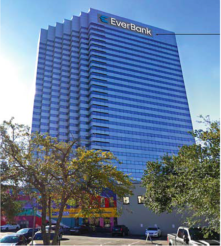 This image of the proposed signage that would reflect the name change to EverBank of the 30-story tower in Downtown Jacksonville that has carried the TIAA Bank branding since 2018.
