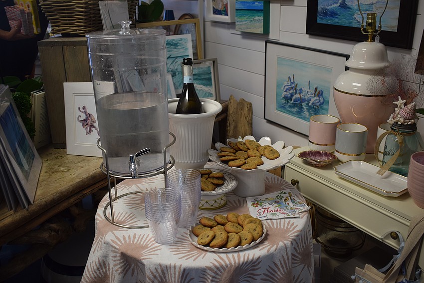 Cookies and prosecco served at Driftwood Beach Home and Garden during Summer Night Out.