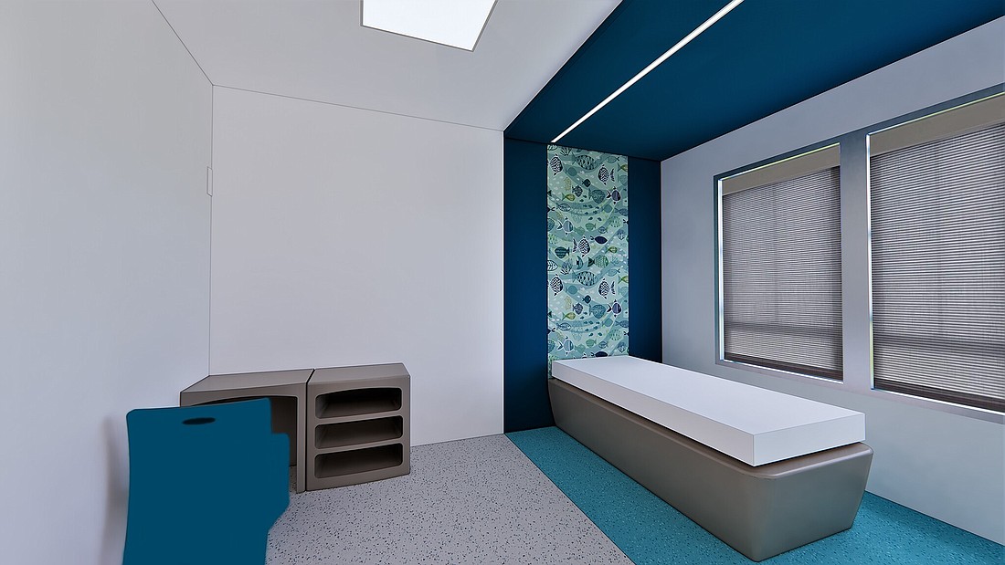 A rendering shows a patient’s quarters looks like an efficiency apartment rather than a hospital room.