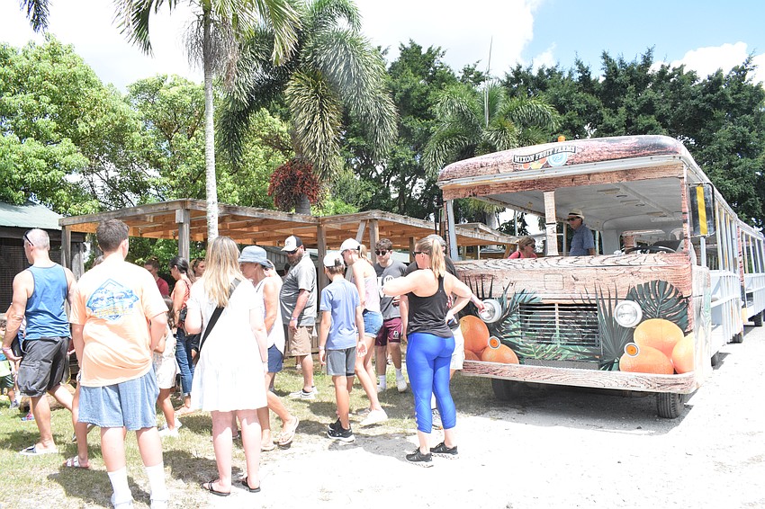 People enjoy the second-to-last tram ride at Mixon Fruit Farms.