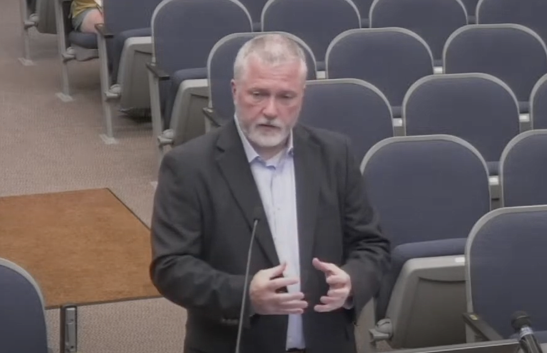 Geosyntec consultant Mark Ellard presented the update on the stormwater master plan to the Flagler County Commission in a special workshop on July 31. Image screenshot from commission live stream