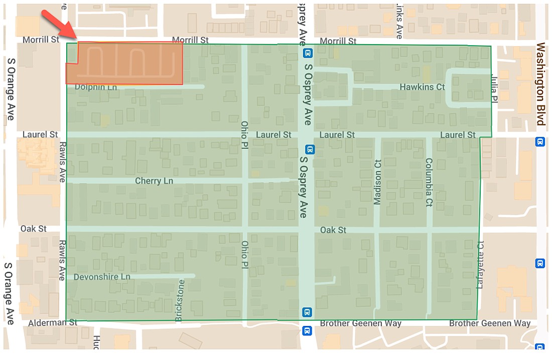 The orange block is the current parking lot for the Sarasota County government center and is the only portion of the site owned by Benderson Development that is within the neighborhood.