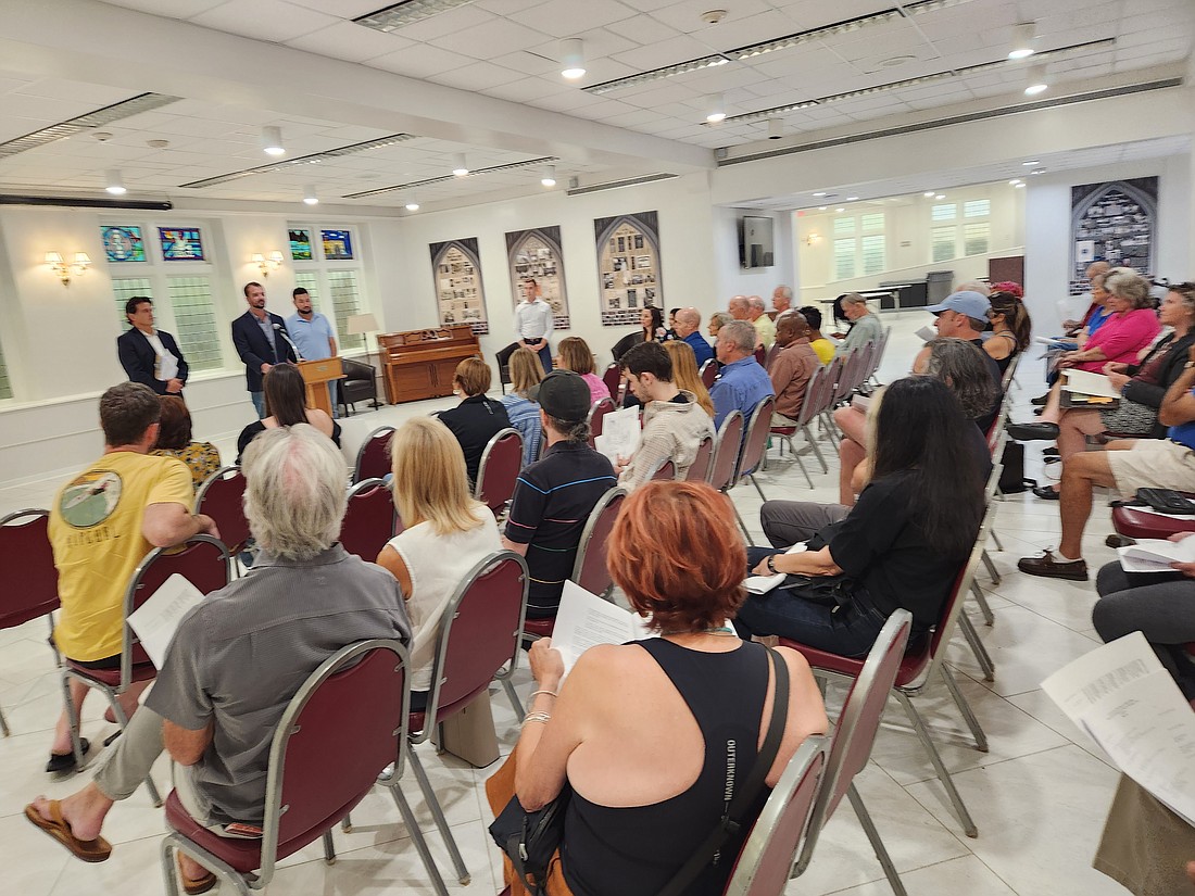 About 75 people attended a public meeting July 27 on plans to open The Local restaurant and bar in Riverside. Many of those attending opposed the project, saying it could ruin the neighborhood.