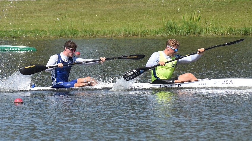 Aaron Small and Jonas Ecker power away from the field to win the Men's Sr. K-2 200 meters at Nathan Benderson Park Friday in the ACA Sprint Canoe National Championships.