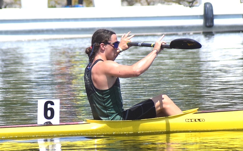 Benjamin Ingram celebrates after winning the Men's Jr. K-1 200 meters at Nathan Benderson Park on Friday.