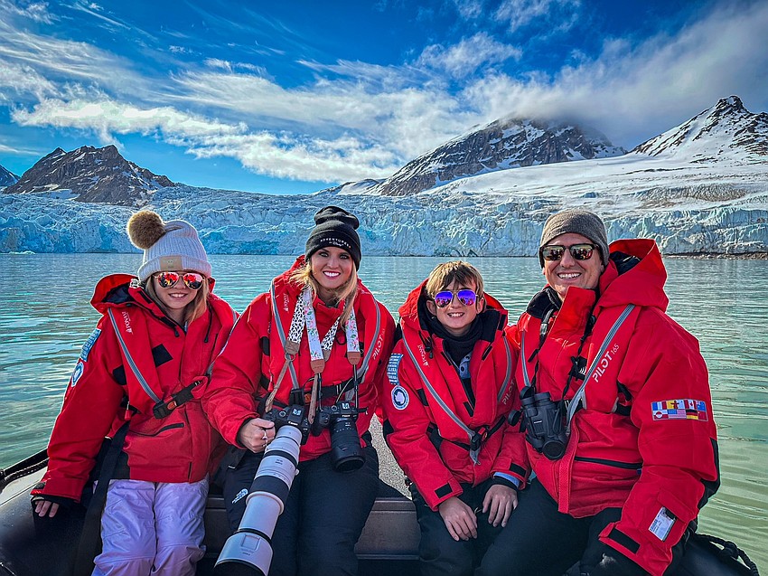 Scarlett Hafner, a fifth grader at Lakewood Ranch Preparatory Academy, her mother, Cassie, brother Preston, a seventh grader, and father, Mark Hafner, at the 80th parallel just north of Svalbard, Norway.