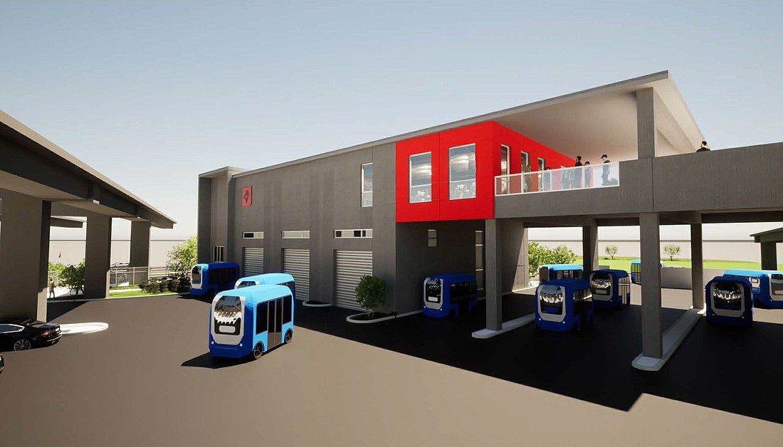 Ultimate Urban Circulator building will have repair bays for the automated people movers that will connect JTA’s Jacksonville Regional Transportation Center to the Jaguars football stadium.