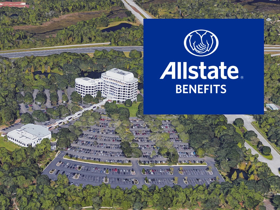 A satellite image of the Allstate Campus at Butler Boulevard and San Pablo Road South. Allstate is remodeling existing space on the third, fourth and fifth floors in the five-story Building C.