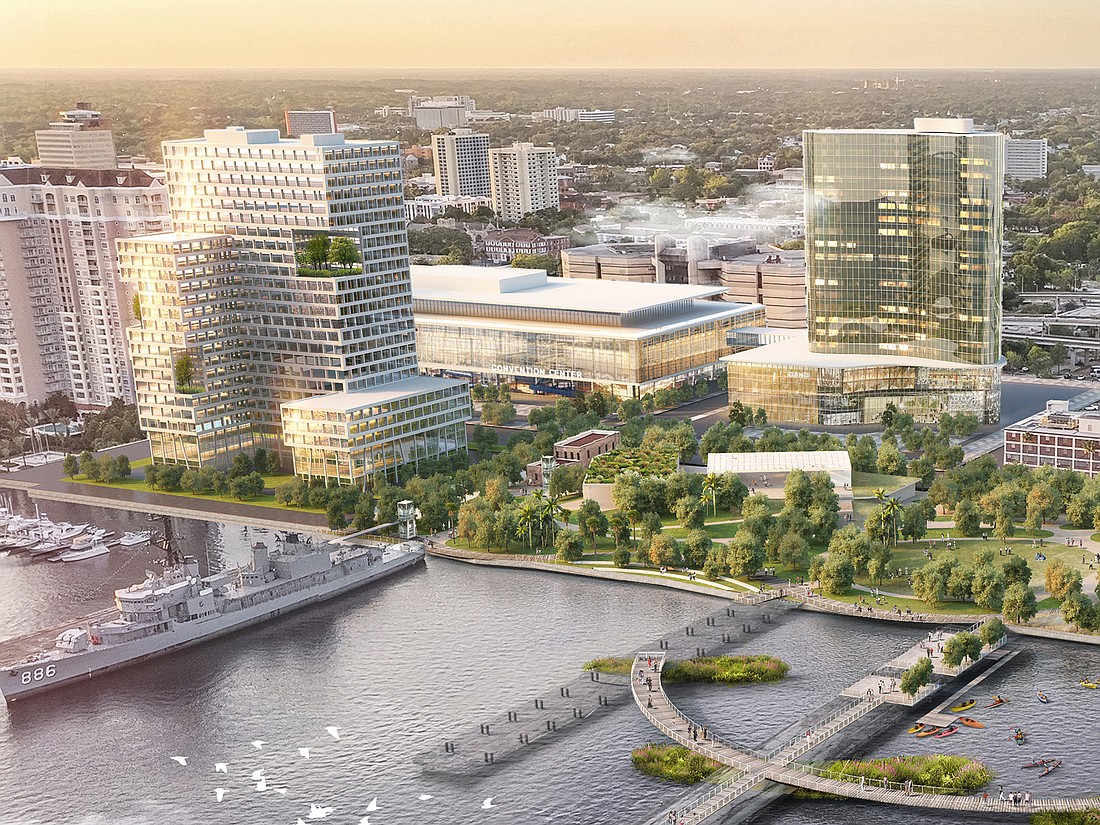 An artist’s rendering in the Downtown Investment Authority’s master plan of the Shipyards West area shows the jail and police memorial building sites as the location of a convention center.