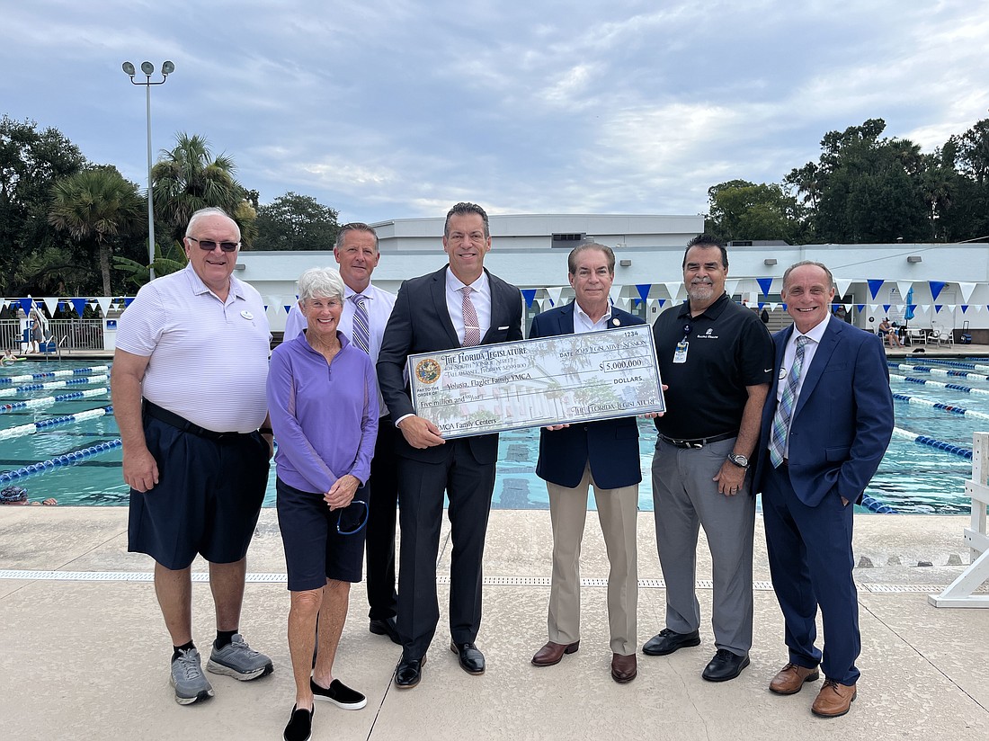 The state appropriates a $5 million grant to Volusia Flagler YMCA. From left to right: Ormond Beach Board member Charles Jaskiewicz, Barbara Manne, Kevin Noel, CEO Chris Seilkop, Sen. Tom Wright, Executive Director Martin Vollebregt, Corporate Board Chair Rafael Ramirez. Photo courtesy of the Ormond Beach Family YMCA