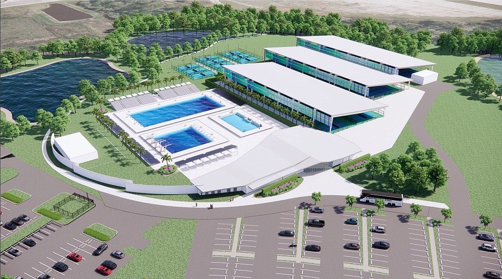 A rendering of the future aquatic and racket center at Premier Park. Plans could change as the design is only 30% complete.