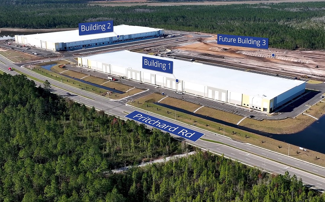 A drone image from the Becknell marketing video for Westlake Industrial Park shows the two completed warehouses and the future Building 3.