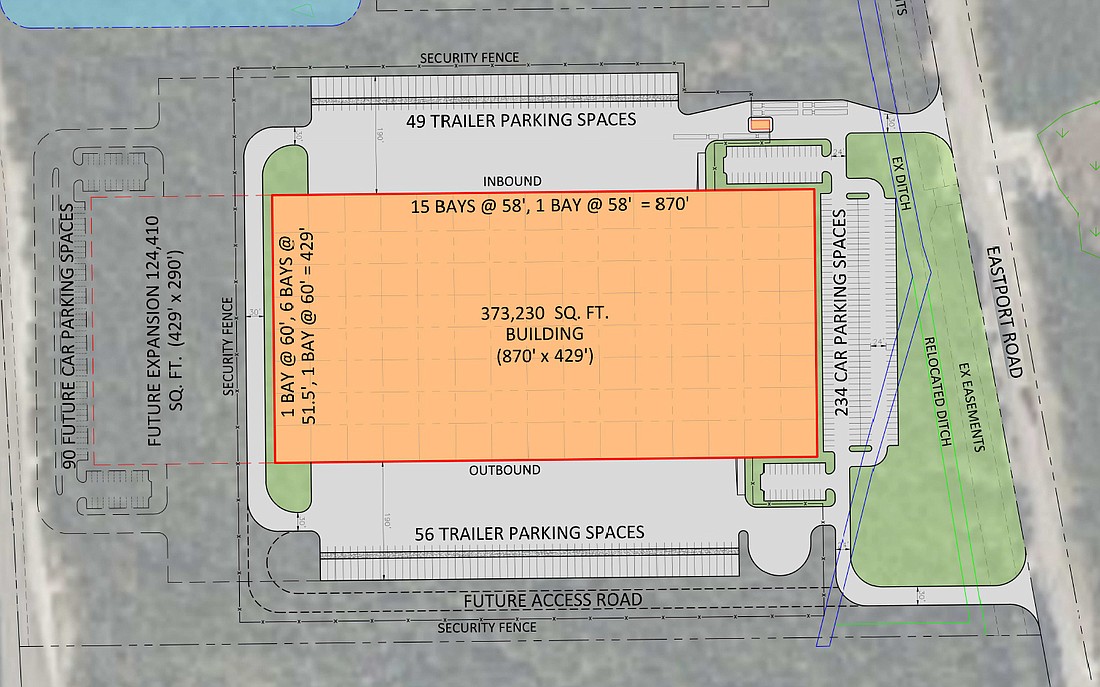 The site plan for Project Empire shows a two-phase 497,640 distribution center planned on 50.2 acres at southwest Kraft and Eastport roads in North Jacksonville.