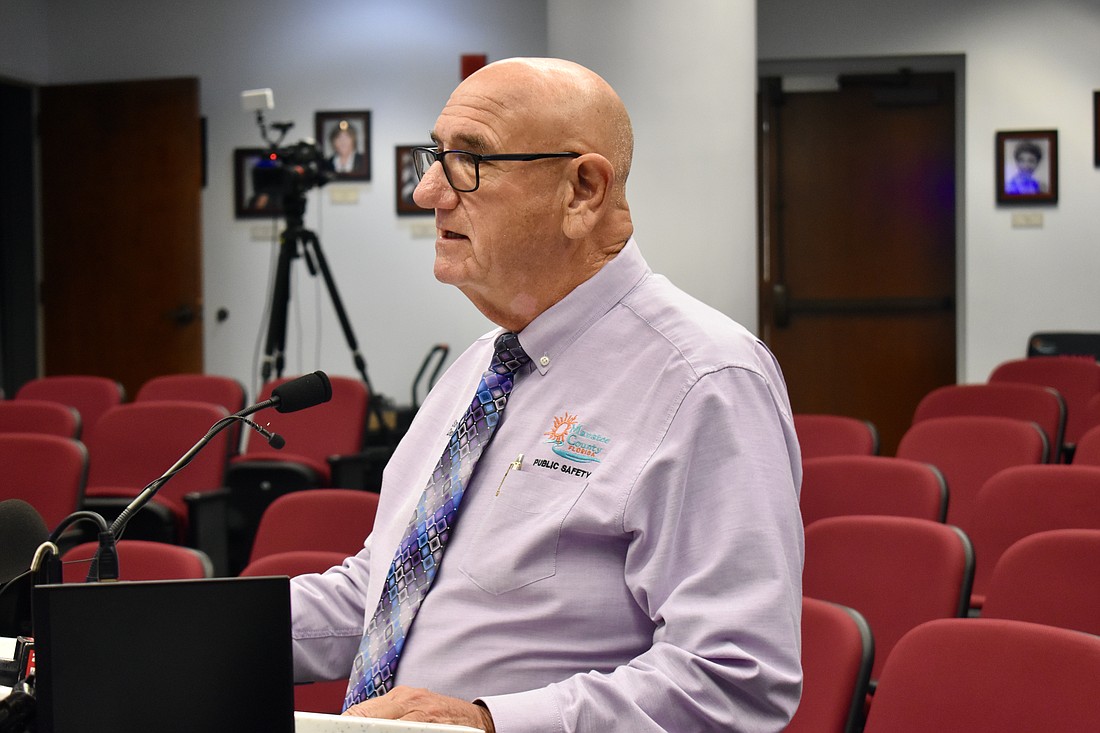Deputy Director of Public Safety Steve Litschauer briefs the commissioners on Hurricane Idalia at an emergency commission meeting on Aug. 28.