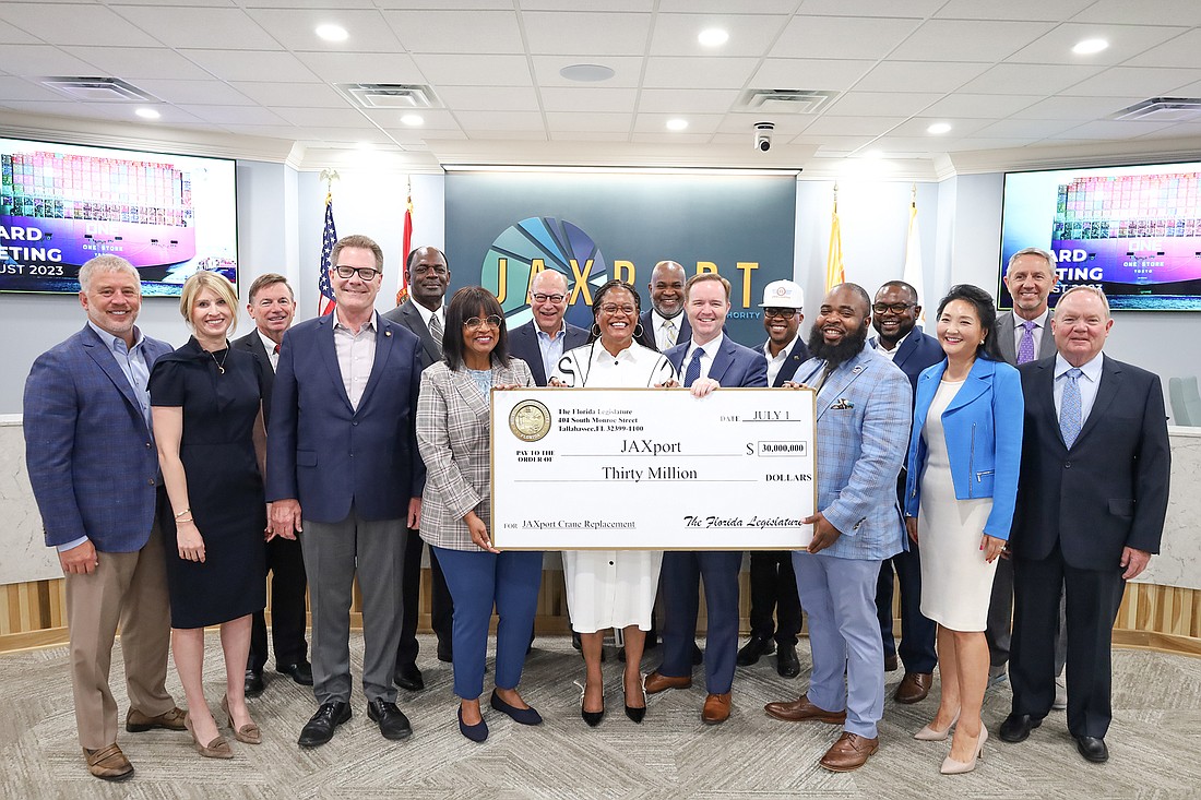 Members of the Duval Legislative Delegation, joined by International Longshoremen’s Association Local 1408 leadership, presented JaxPort with a $30 million check to buy two new container cranes.