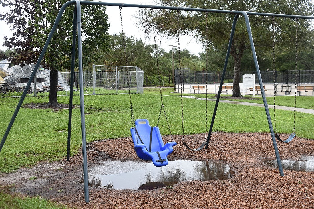 The playground at the Greenbrook Adventure Park in Lakewood Ranch is designed to flood during huge weather events, but Hurricane Idalia left only puddles.