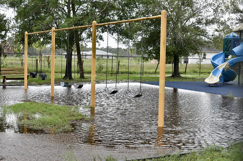 The playground at the Myakka Community Center is flooded on Wednesday after the outer bands of Hurricane Idalia passed through.