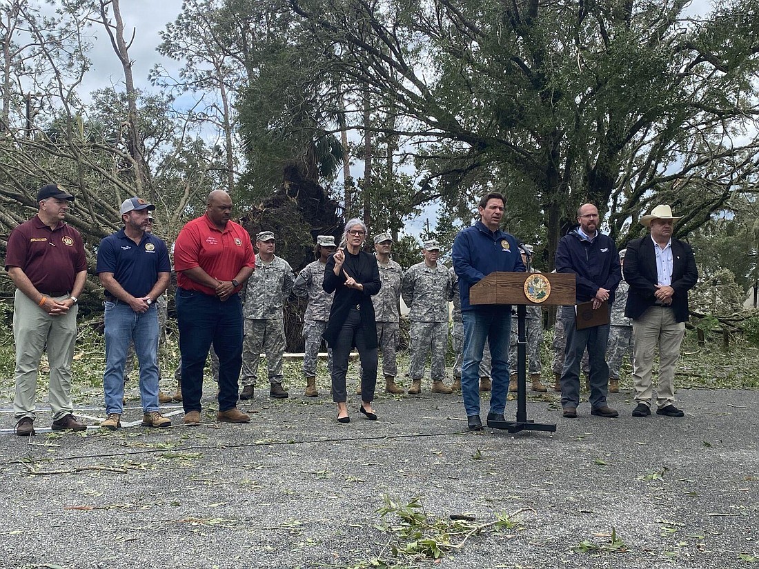 Gov. Ron DeSantis visited hard-hit Perry to discuss Hurricane Idalia damage. Photo by Ryan Dailey, The News Service of Florida