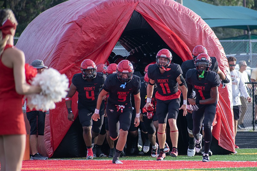The Cardinal Mooney Cougars take the field led by seniors Lorenzo Walls (4), George Leibold (5), Chase Edens (11) and Teddy Foster (1).