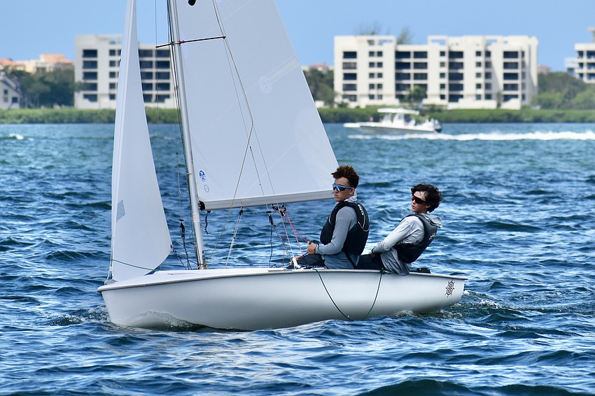 Cahan Raymond and Nils Wheeler of Sarasota Yacht Clubs sail a Club 420.